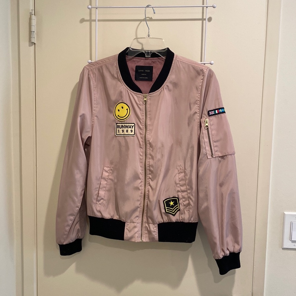 dusty pink bomber jacket with patches